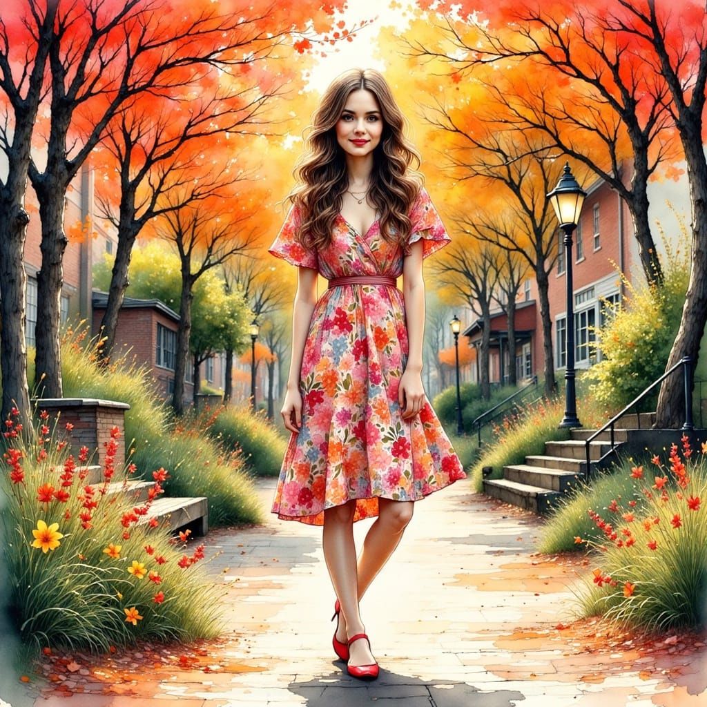 Girl in Floral Dress, Ink Drawing in Surreal Style