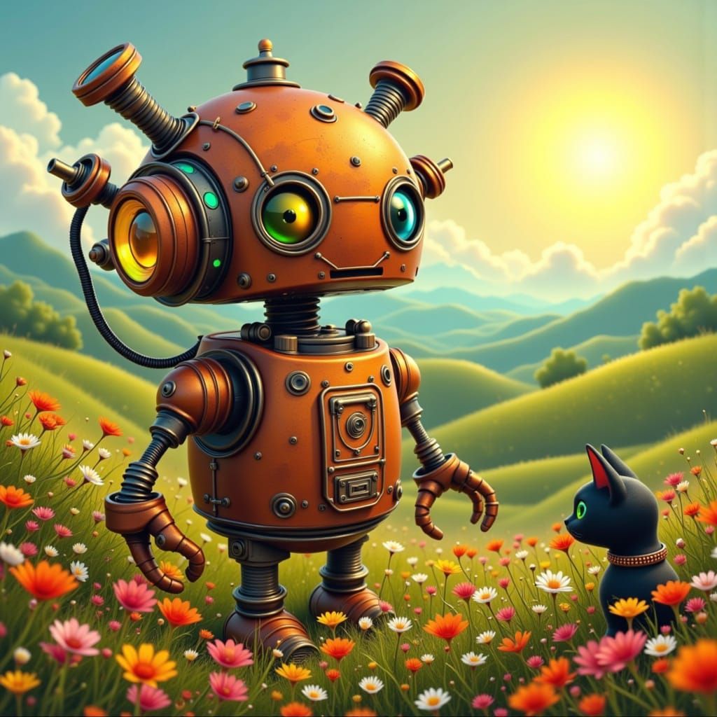 Steampunk Robot in Dreamy Landscape with Black Cat