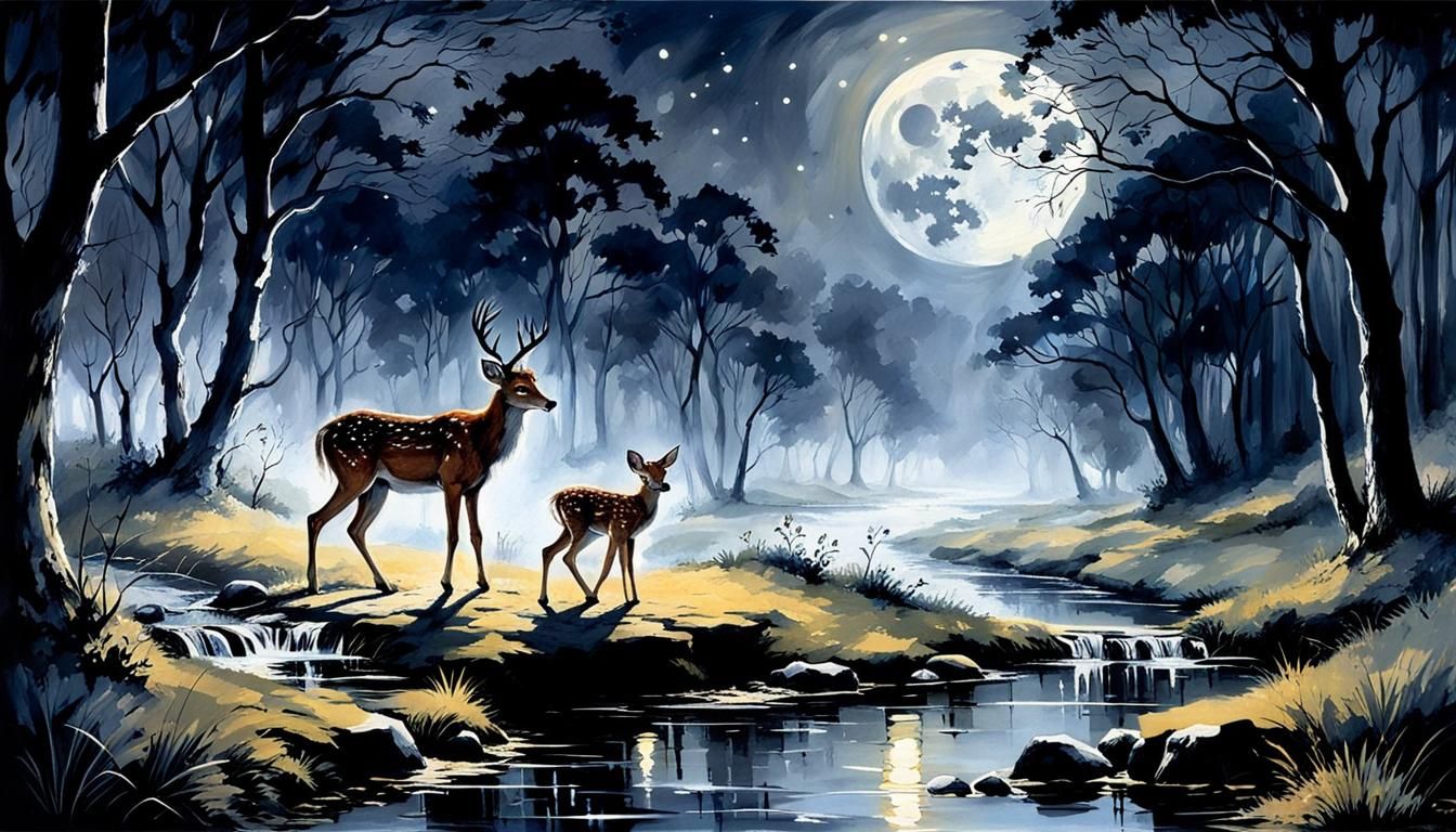 Nocturnal Landscape with Fawn in Black and White