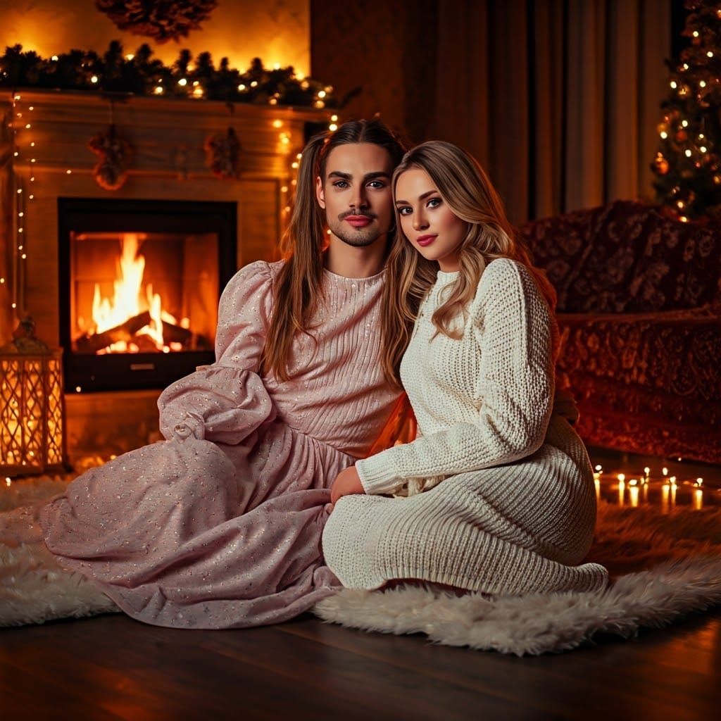Whimsical Christmas Couple Amidst Twinkling Lights and Warm...