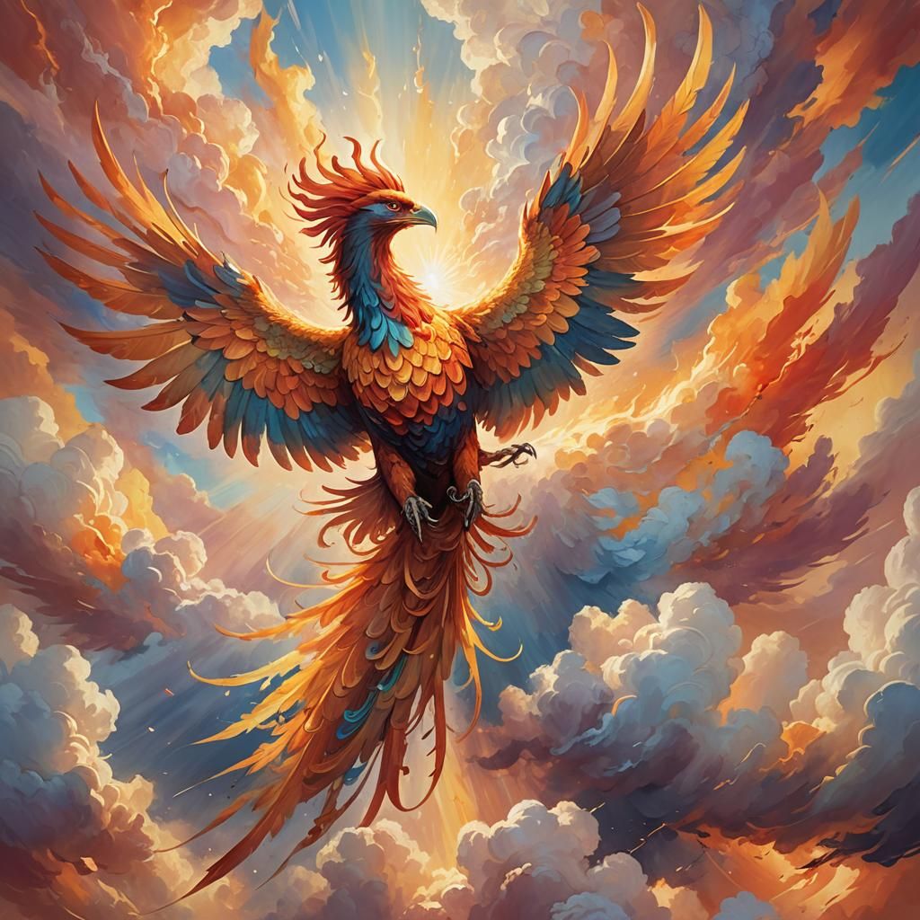 Majestic Phoenix Soaring Through Clouds as Oil Painting