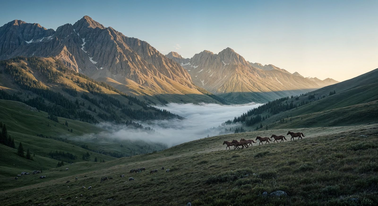 Serene Mountain Dawn with Wild Horses in Alpine Meadow