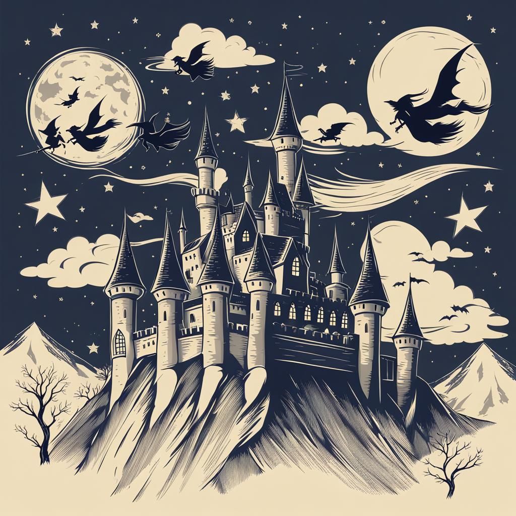 Witches and Wizards Flying Around Castle