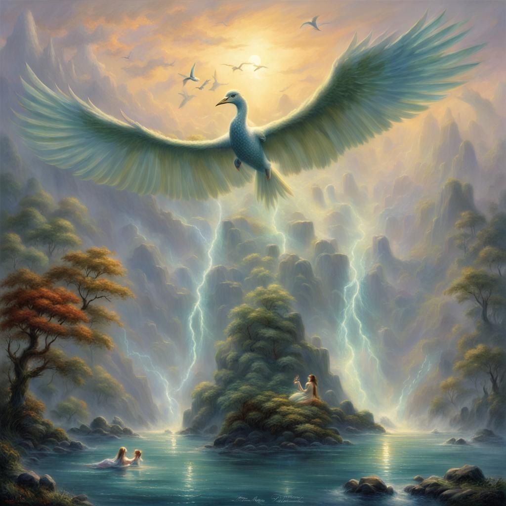 Ethereal Siren: Bird-Human Hybrid in Fantasy Mist