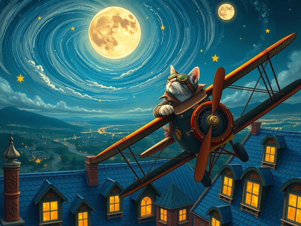 Cat Pilot in Biplane Under Mystical Night Sky