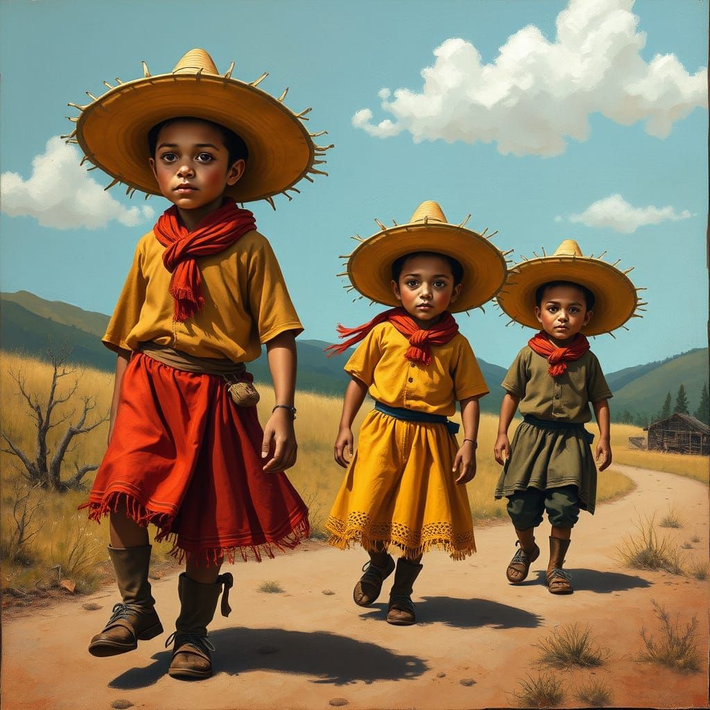 Impoverished Peasants in Barren Land, Woodcut Style