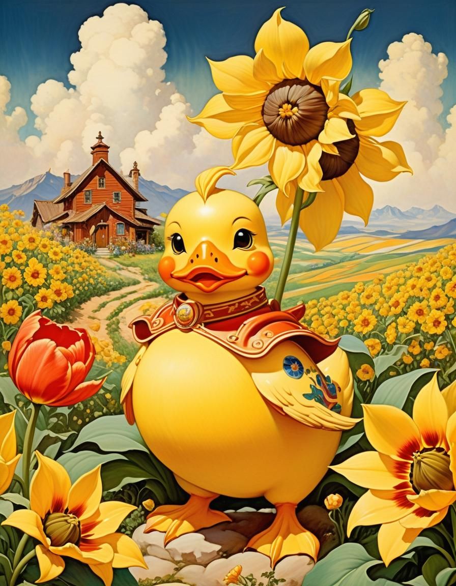 Chibi Duckling in Sunflowers, Ghibli-esque Garden