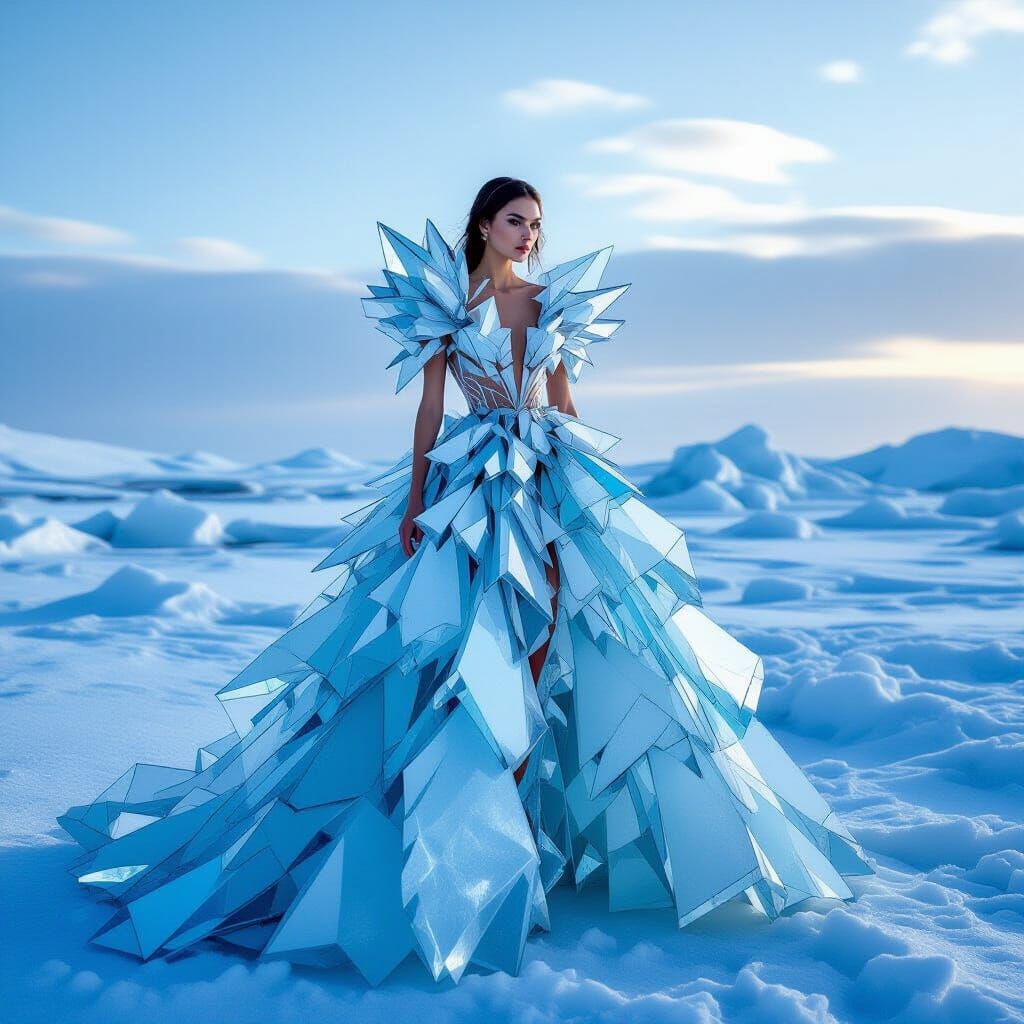 Figure in Avant-Garde Glass Gown on Icy Plain