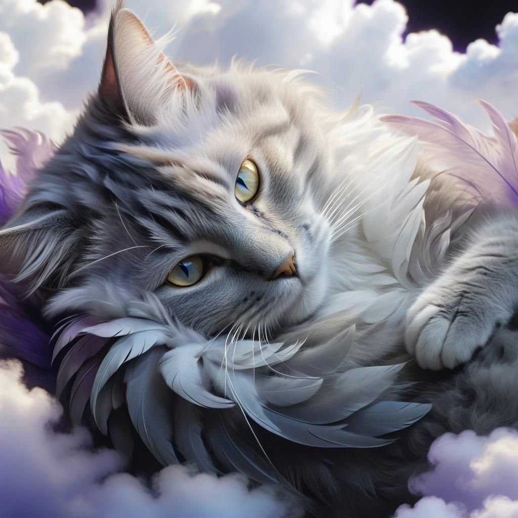 Winged Cat on Clouds in Watercolor Style