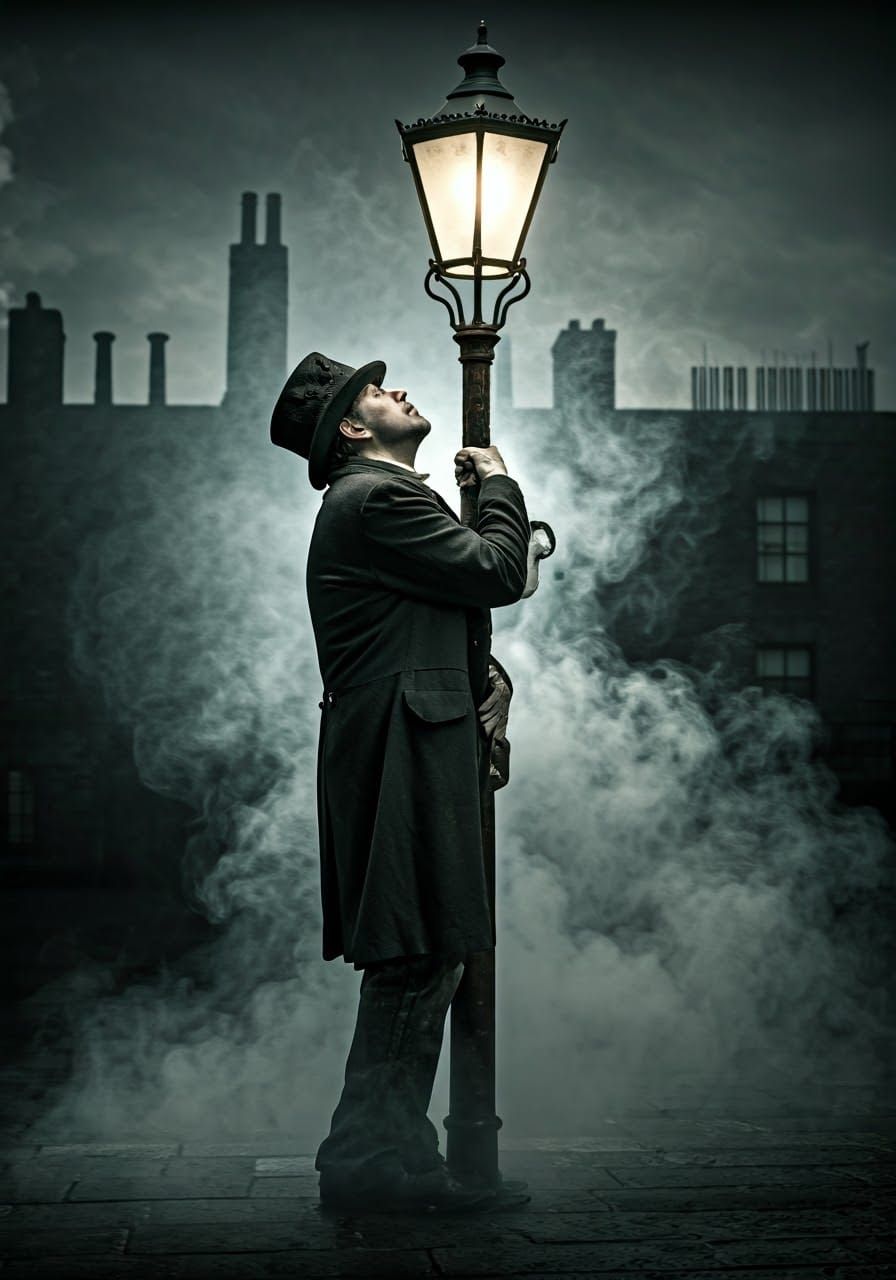 London Gentleman Embracing a Street Lamp in Moody Black and ...