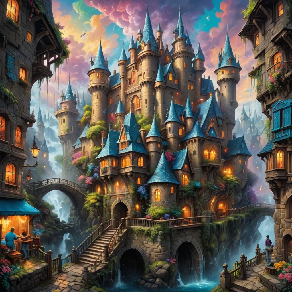 Enchanted Castle Graffiti Art in Polychromatic Style