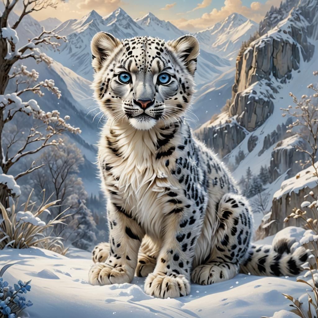 Enchanting Snow Leopard and Fairy in Winter Landscape