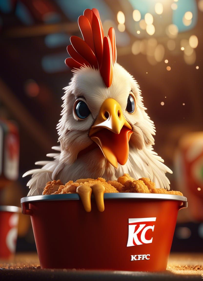 Hyperrealistic Chicken with KFC Bucket in Splash Art