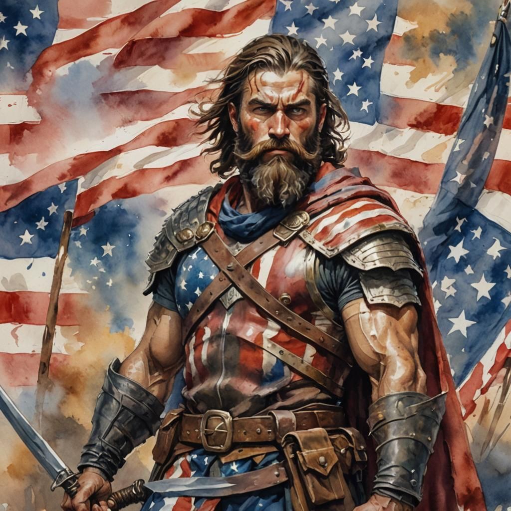 Bearded Warrior with American Flag: Impasto Gouache