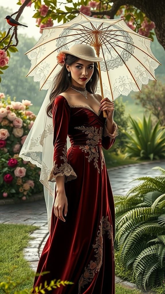 Victorian Woman in Rainy Flower Garden