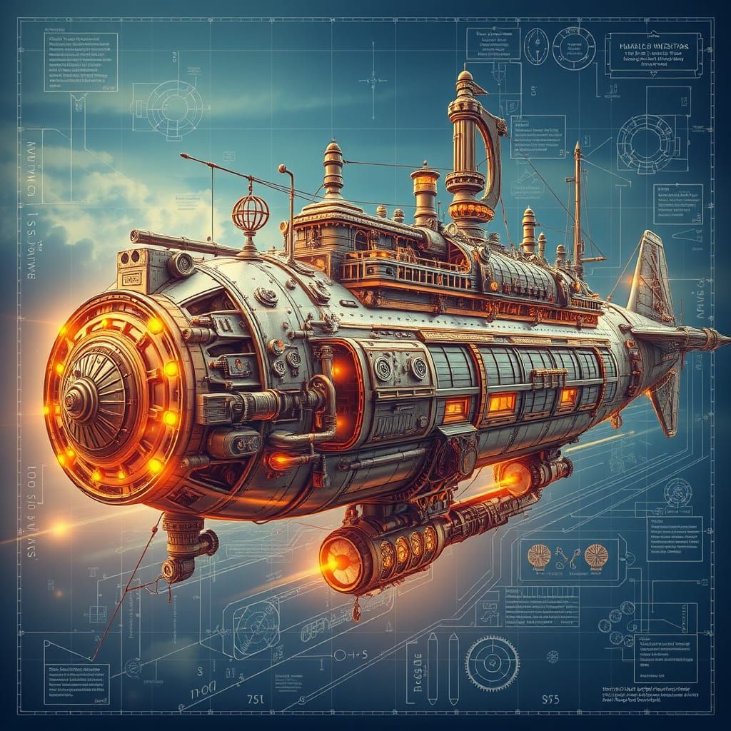 Steampunk Airship Blueprint with Intricate Victorian Details