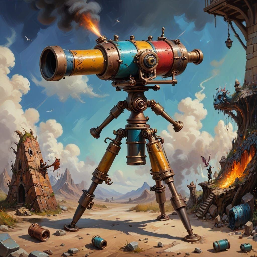 Gnomish Color Cannon in Whimsical Oil Painting Style