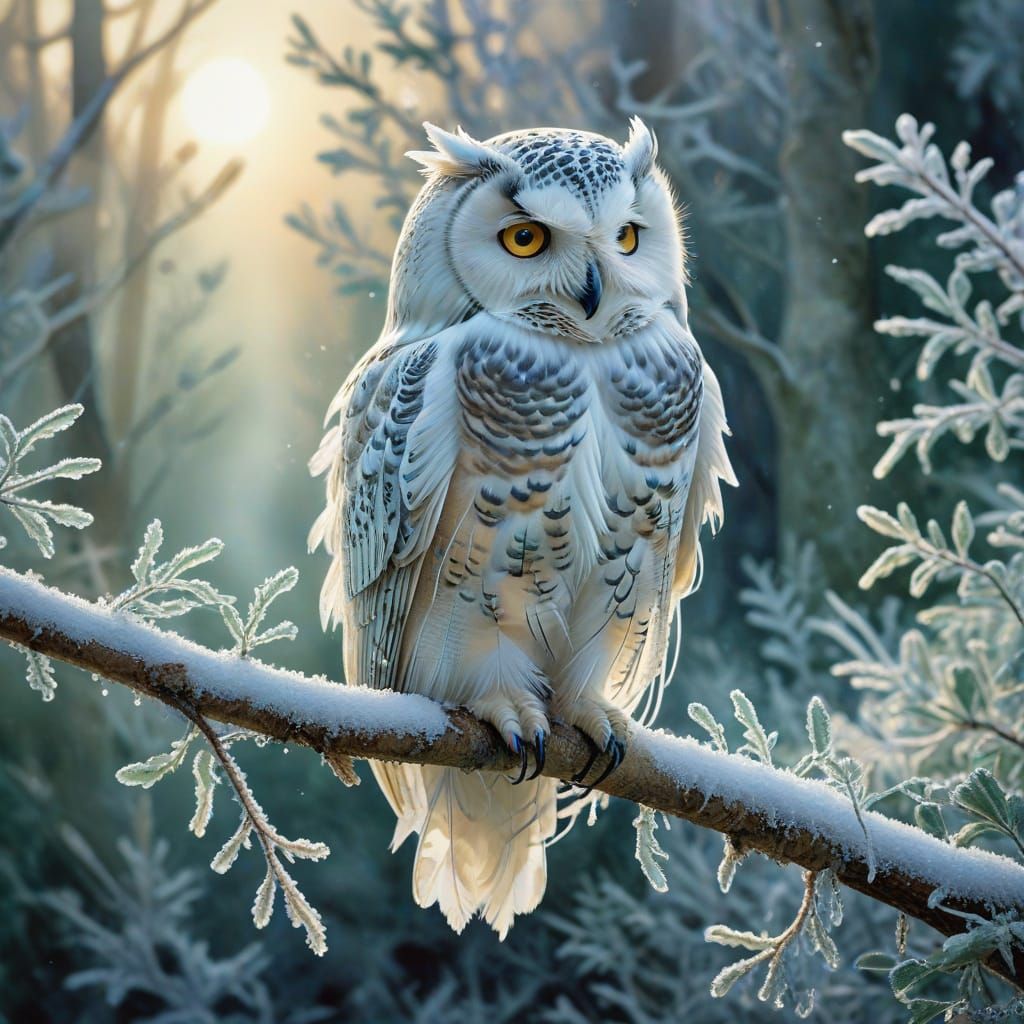 Whimsical Winter Watercolor Snow Owl in Soft Focus