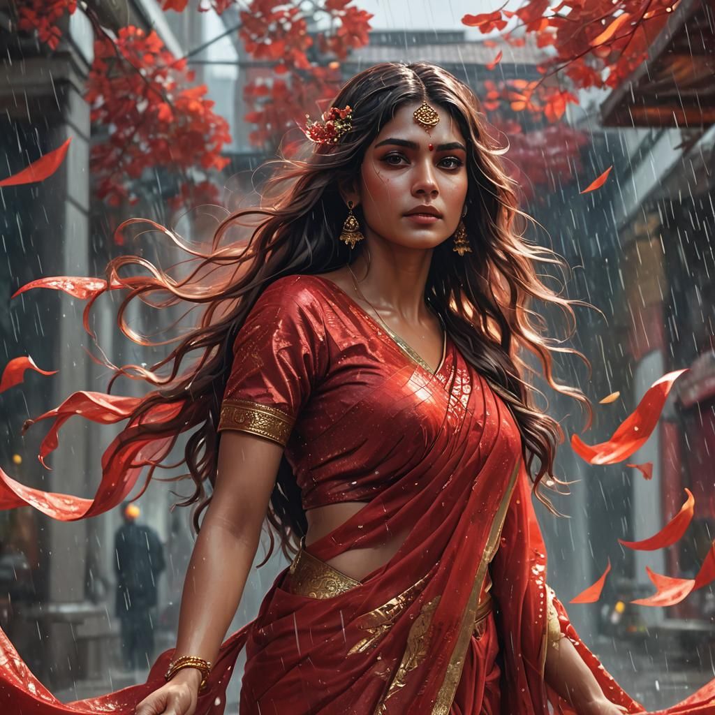 Beautiful Woman in Flowing Saree, Hyperdetailed Portrait