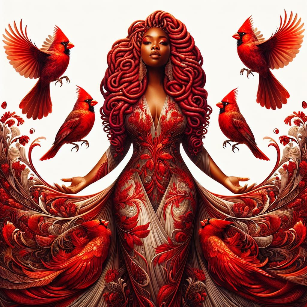 Surreal Goddess Adorned with Cardinals in Dynamic Lighting