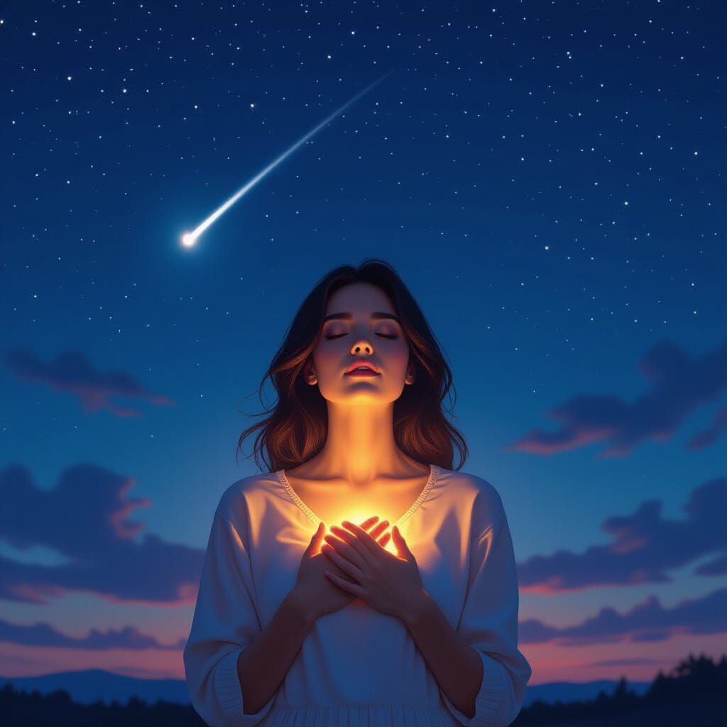 Woman Radiating Light Under Starry Sky, Hyperrealistic Style