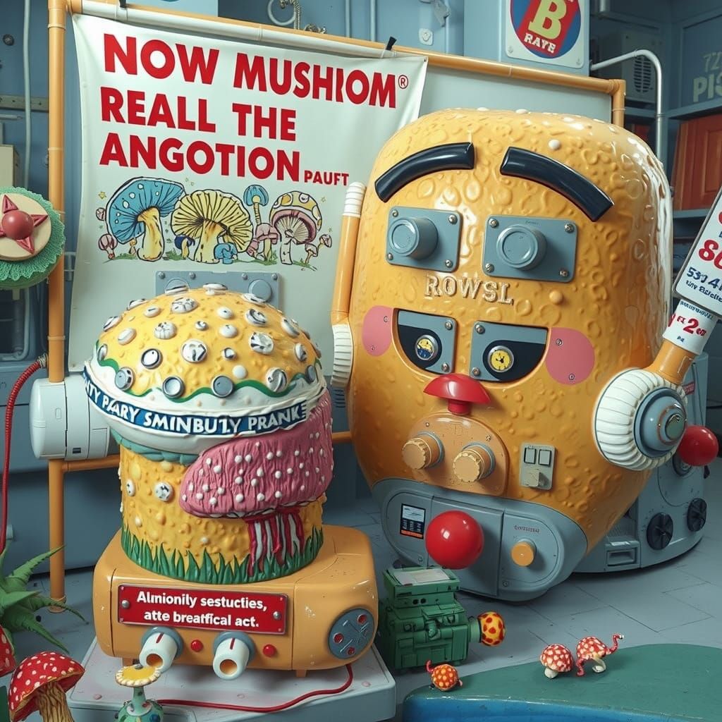 Surreal Mushroom Flags in a Brutalist Bunker