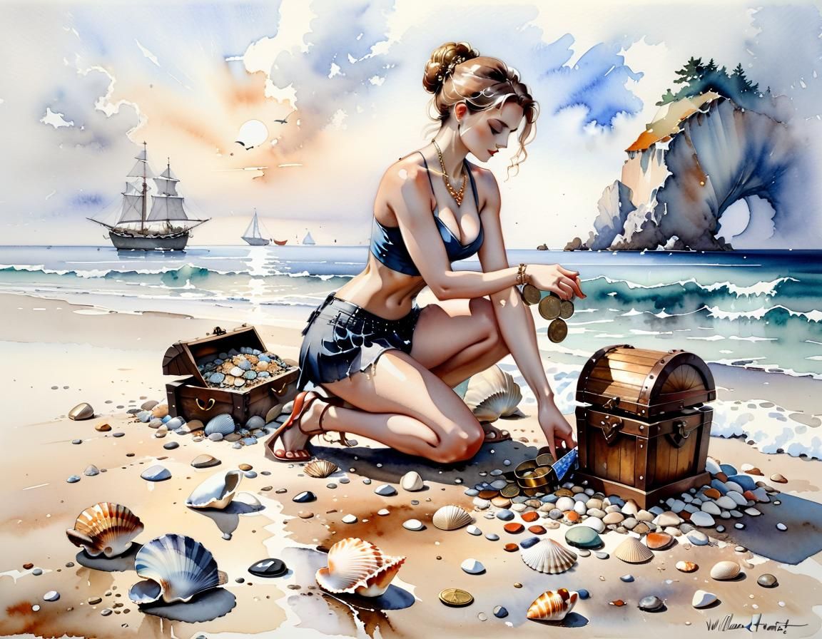 Girl Finds Treasure Chest: Watercolor Painting