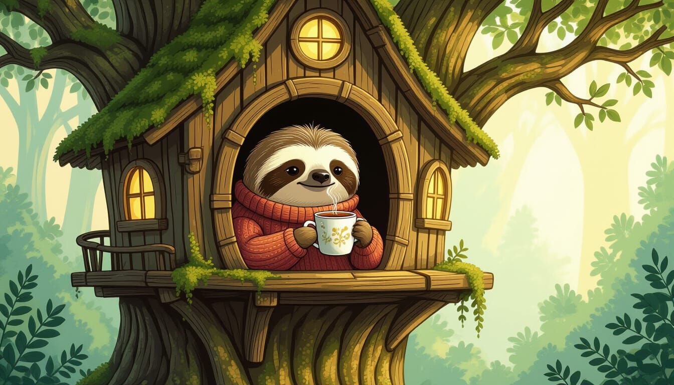 Cozy Sloth Enjoys Tea Time in Enchanted Treehouse