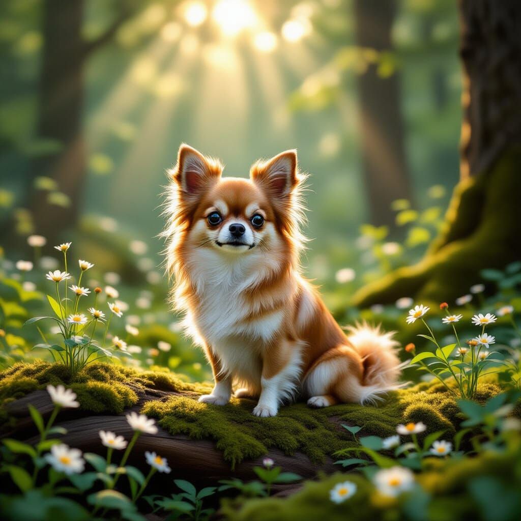 Introspective Chihuahua in Sun-Dappled Forest Clearing