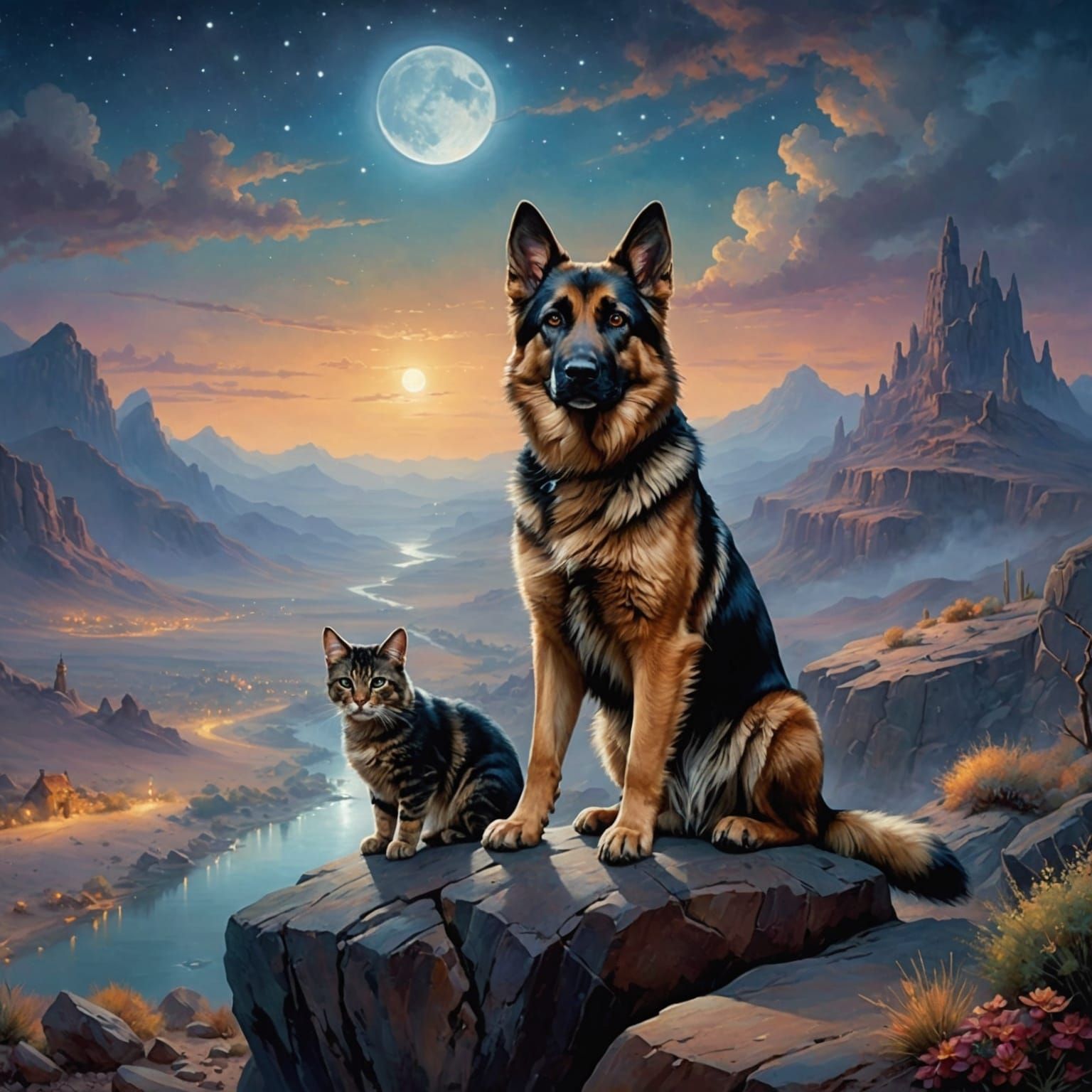 Cat and Dog in Desert Night Landscape