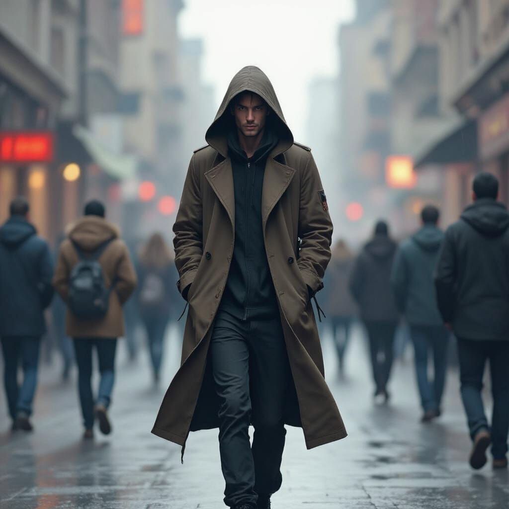 Defiant Figure Walks Against the Crowd