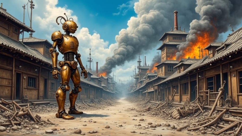 Steampunk City Ruined After Earthquake, Oil Painting