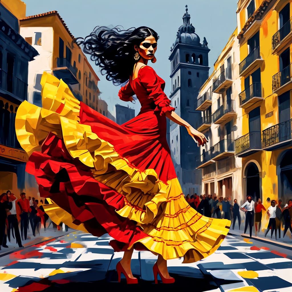 Flamenco Dancer in Spanish Disco, Cubist Style