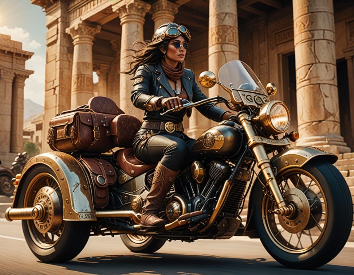 Steampunk Woman Drives Motorcycle Trike in Ancient Greece
