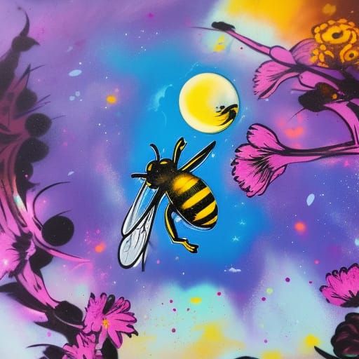 Cute Bee Graffiti Art with Flowers and Moon
