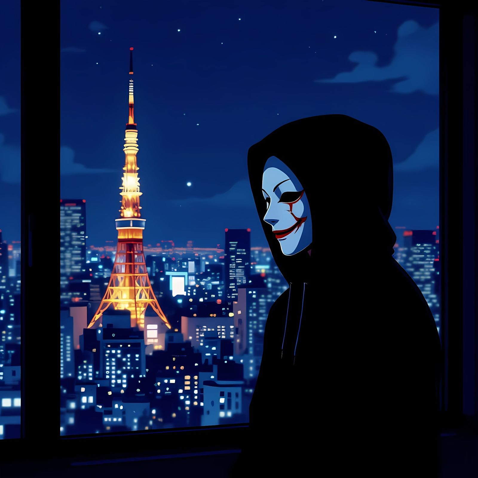 Man with Masked Face Overlooking Luminous Tokyo at Night