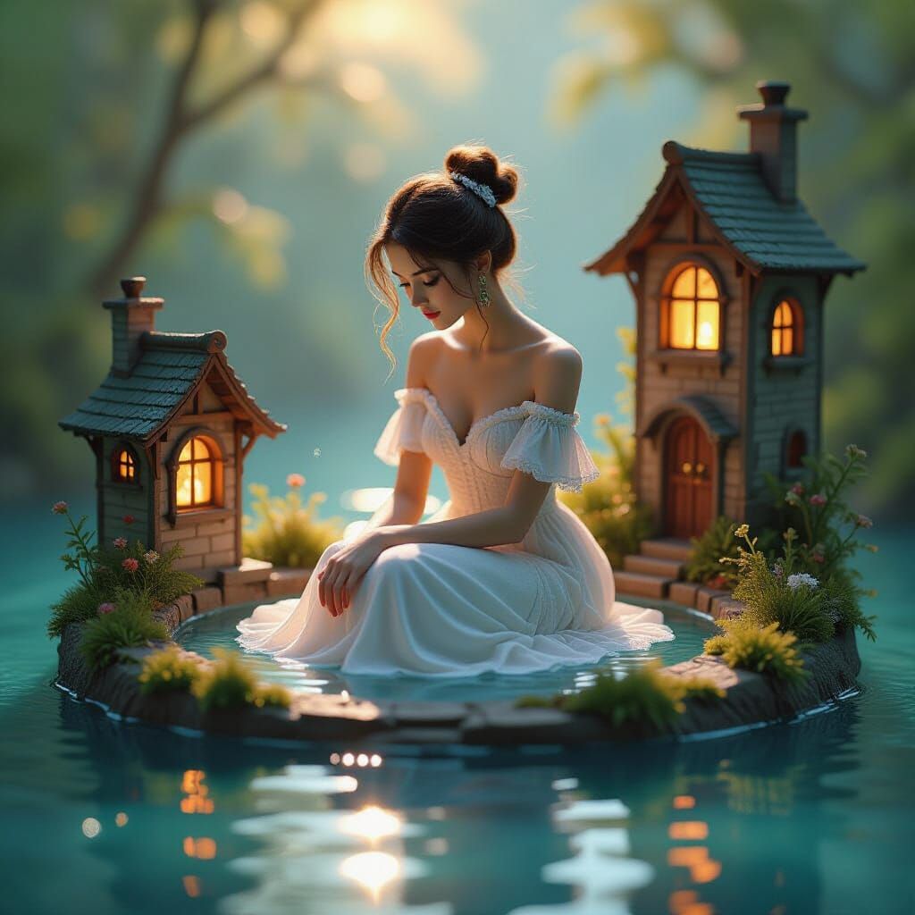 Miniature Worlds on Water in Dreamy Art Style