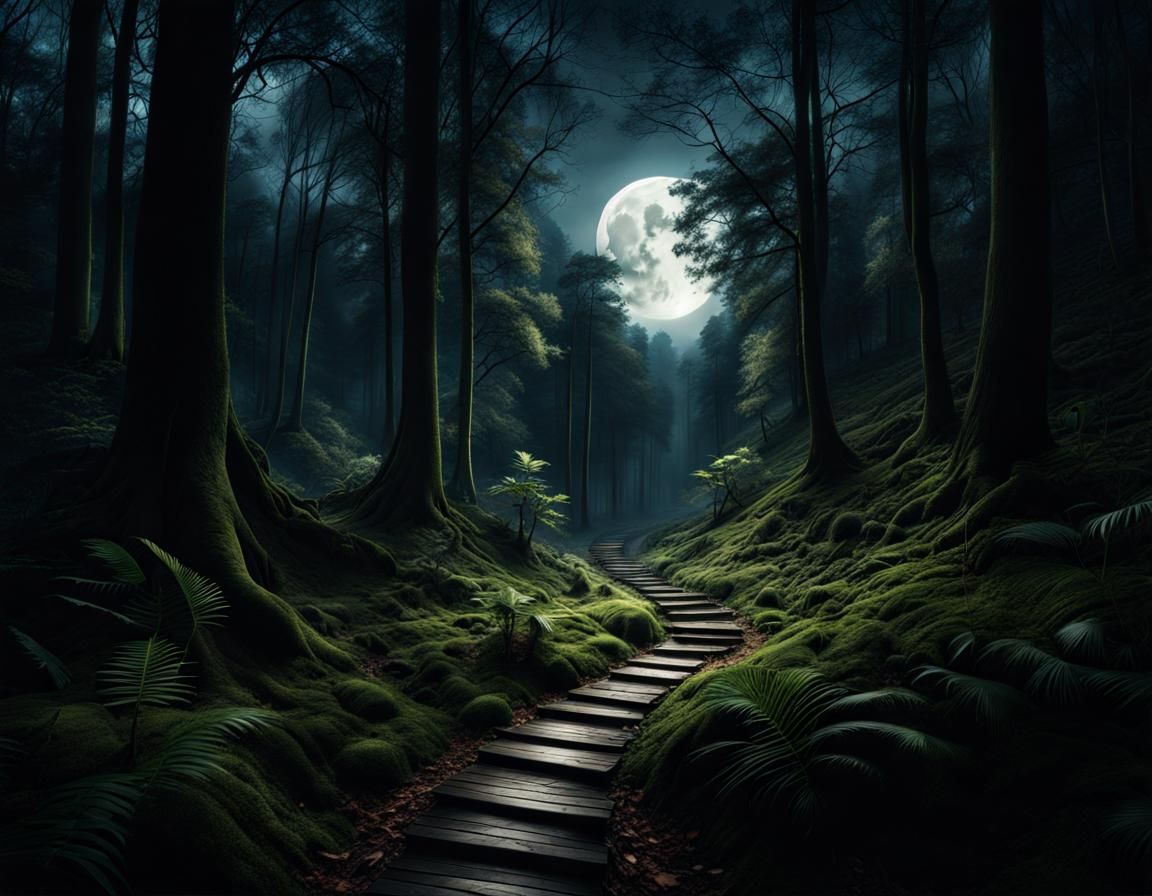 Moonlit Forest Path: Cinematic Digital Painting