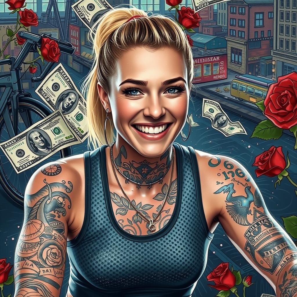 Tattooed Woman on Exercise Bike in Comic Art Style