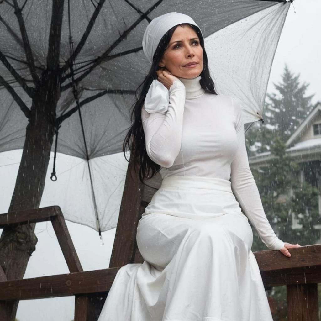 Elegant Woman on Porch in Rainy Weather