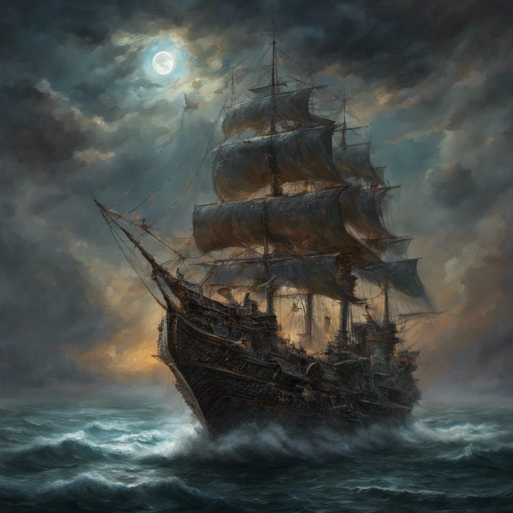 Renaissance Frigate with Fairy Prow at Moonlit Shore