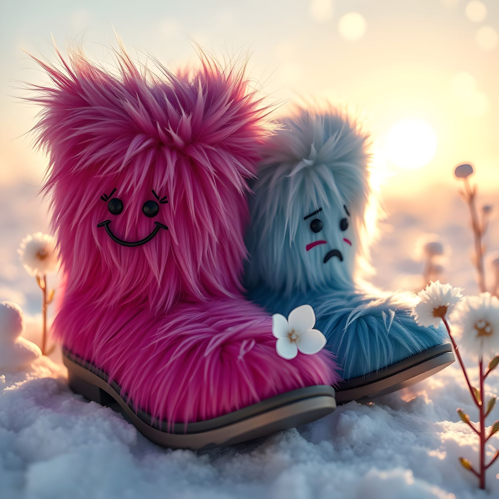 Whimsical Winter Boots in Snowy Landscape