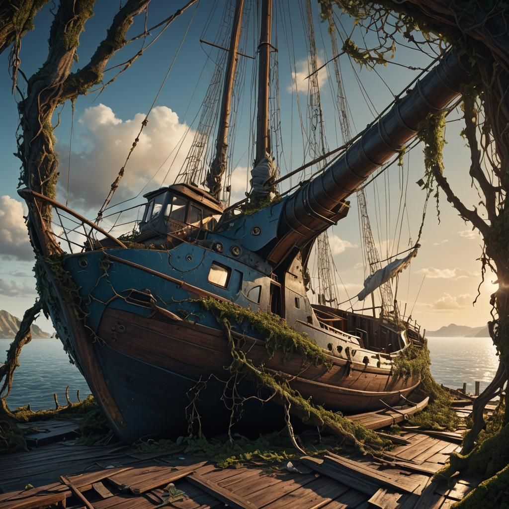 Decaying Yacht in Overgrown Dark Fantasy Art
