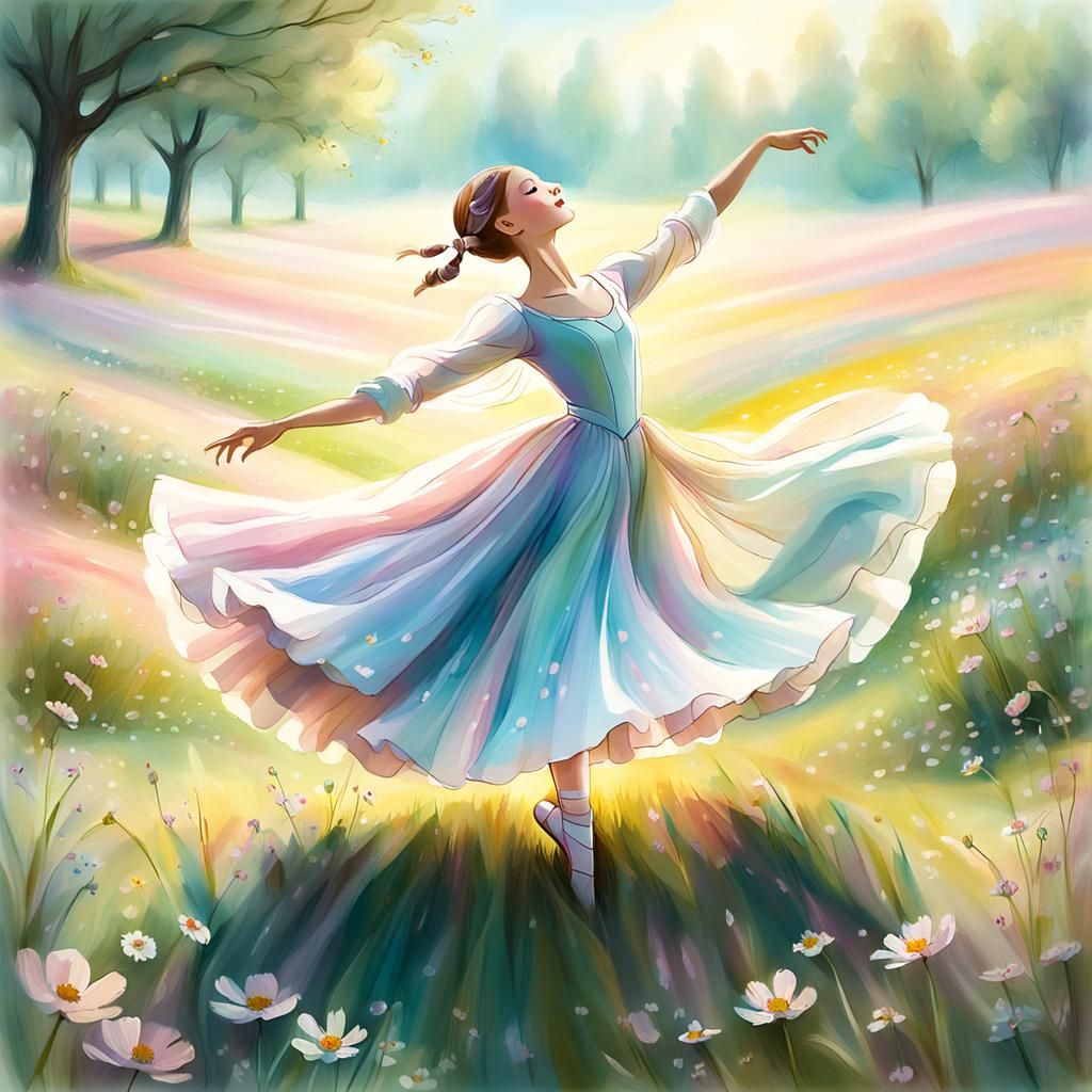 Ballerina Dancing in Flowery Meadow: Mixed Media Art