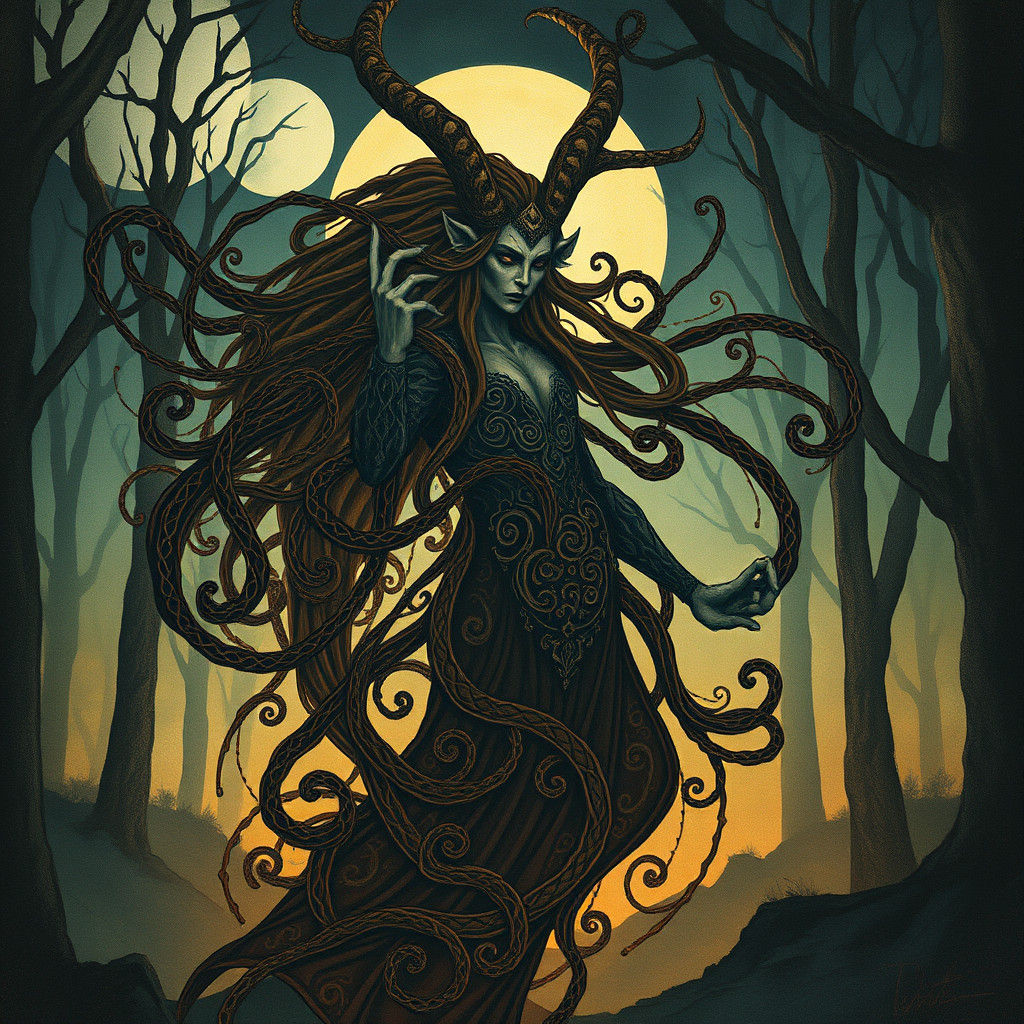 Mystical Norn Figure in Moonlit Forest