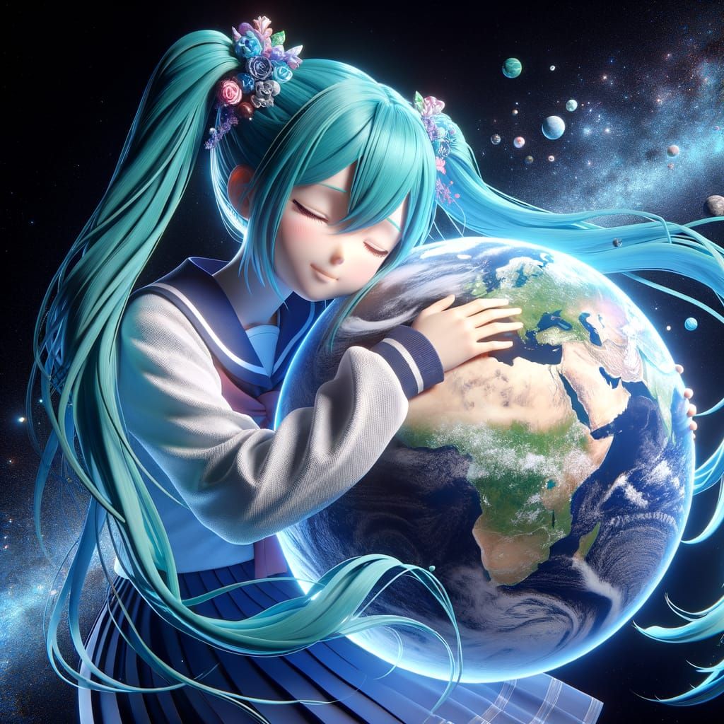 Giant Anime Goddess Hugs Earth in Stunning 3D Artwork