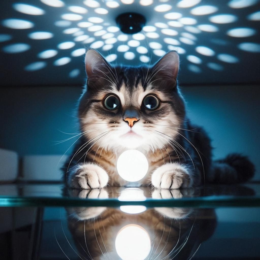 A playful cat crouched on a glass table, underlit by a brigh...