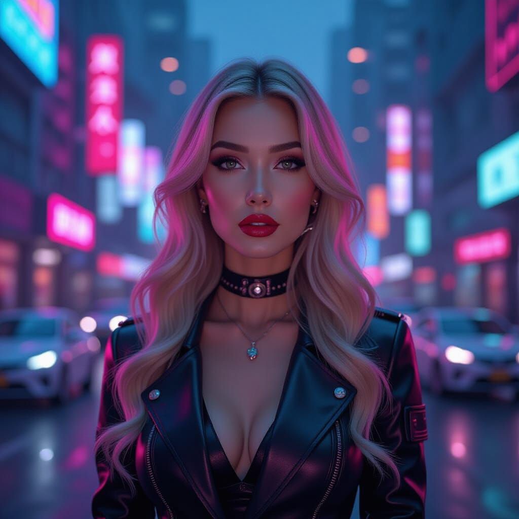 Cyberpunk Lady in Neon Cityscape