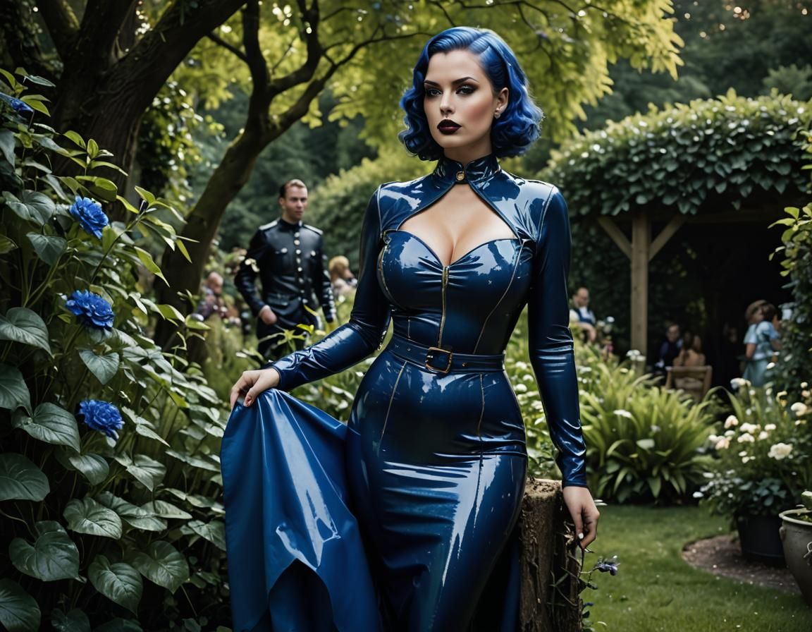Curvy Woman in Blue Latex at Garden Party