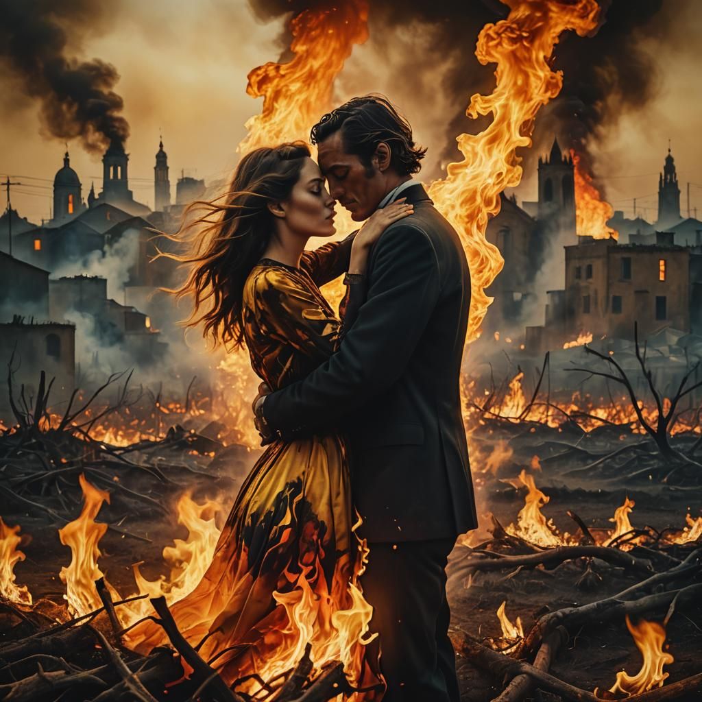 Passionate Embrace in Fiery Landscape, Surrealism Style